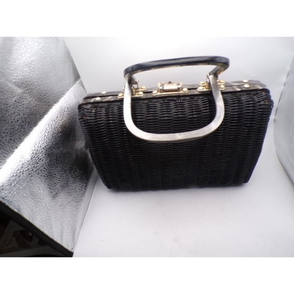 Vintage 50s Black Wicker Lucite Handle Handbag Made in Hong Kong Mid Century - Picture 2 of 6